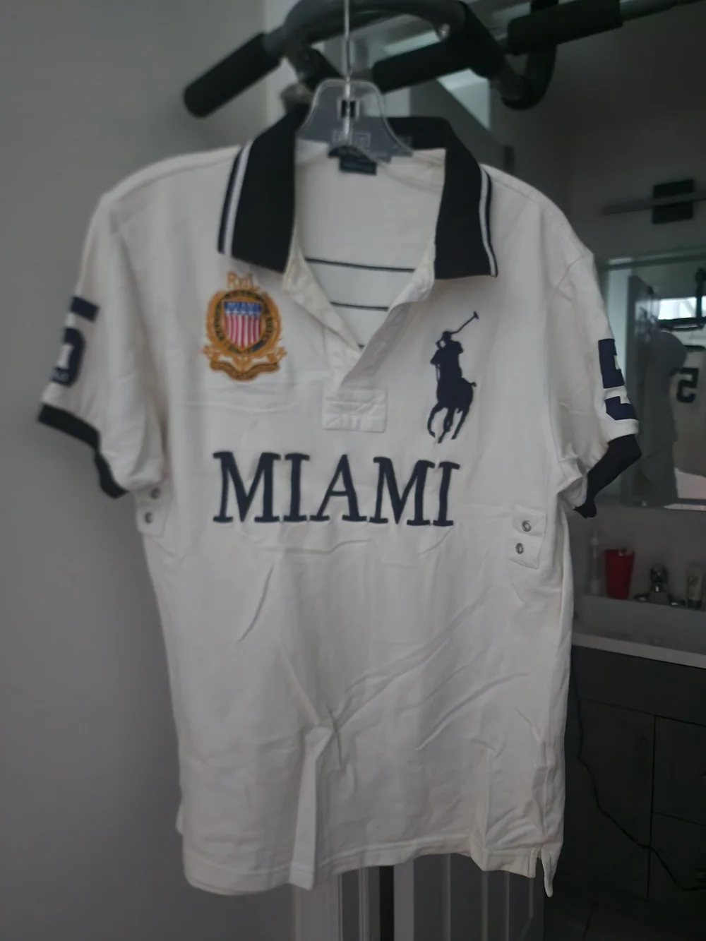 Ralph Lauren White Polo with Navy Trim and Miami Embroidery